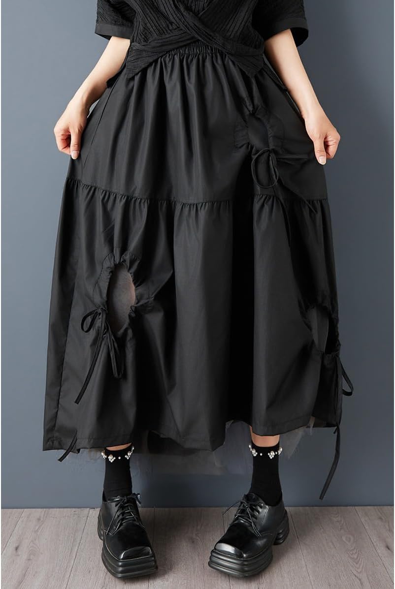 ellazhu Women’s Asymmetrical Midi Skirt Elastic Waist Hollow Out Mesh Patchwork Layered Plus Size Flowy GZ892 A
