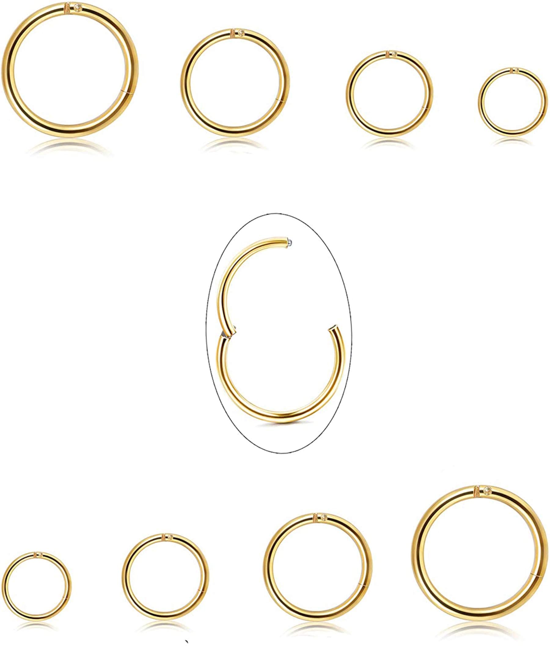 JeryWe 3/6/8PCS Anillos de Acero Quirúrgico para Nariz Aros Hombres Mujeres Hipoalergénico Septo con bisagras anillo nariz Helix Cartílago Pendientes Piercing Cuerpo 20G 18G 16G 6-12mm