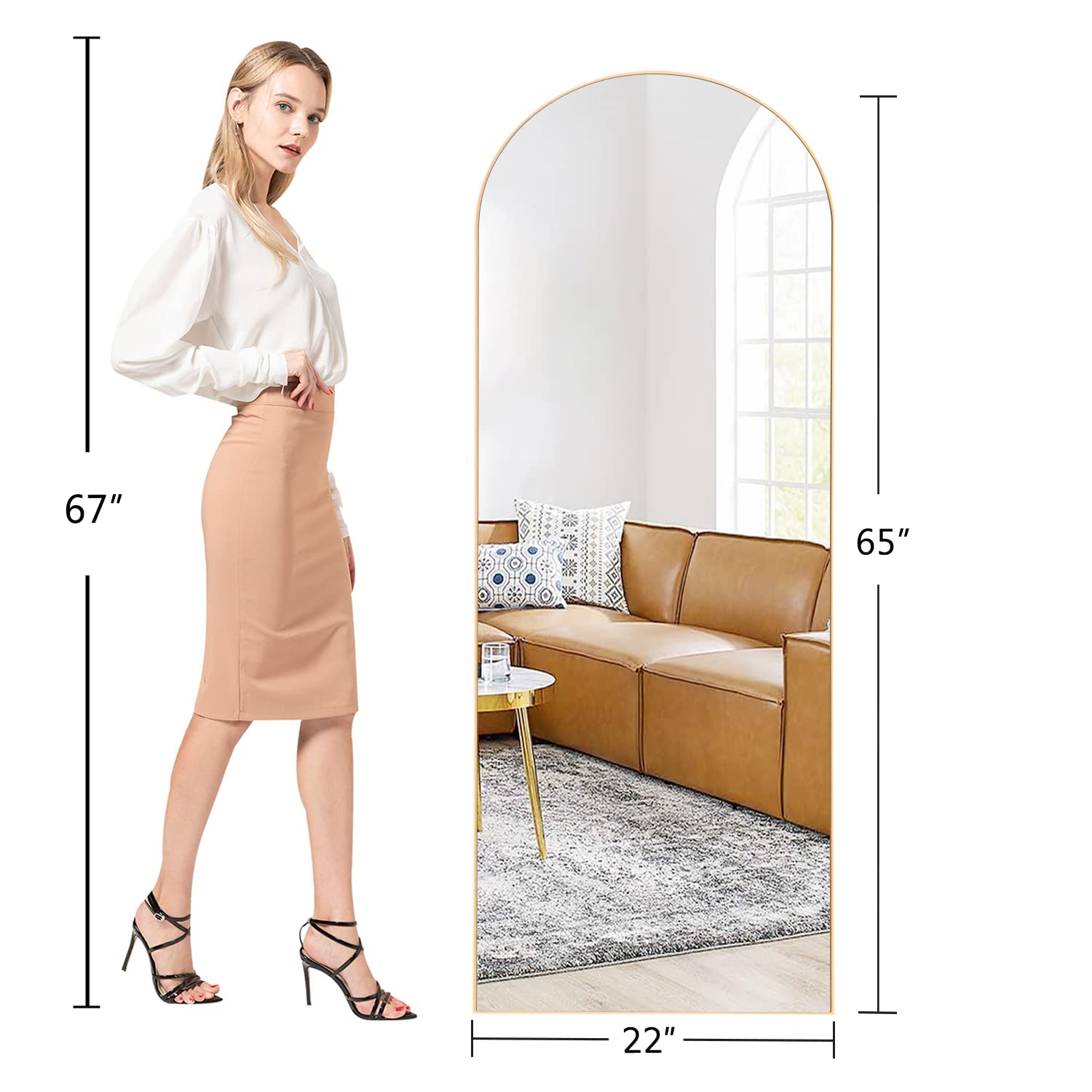 MIRUO Full Length Mirror Floor Mirror Large Wall Mounted Mirror Bedroom Mirror Dressing Mirror Aluminum Alloy Thin Frame, Black, 65" x 22" (AMZVDJJ00371AAFN): Arched Mirror - Gold 65"L x 22"W