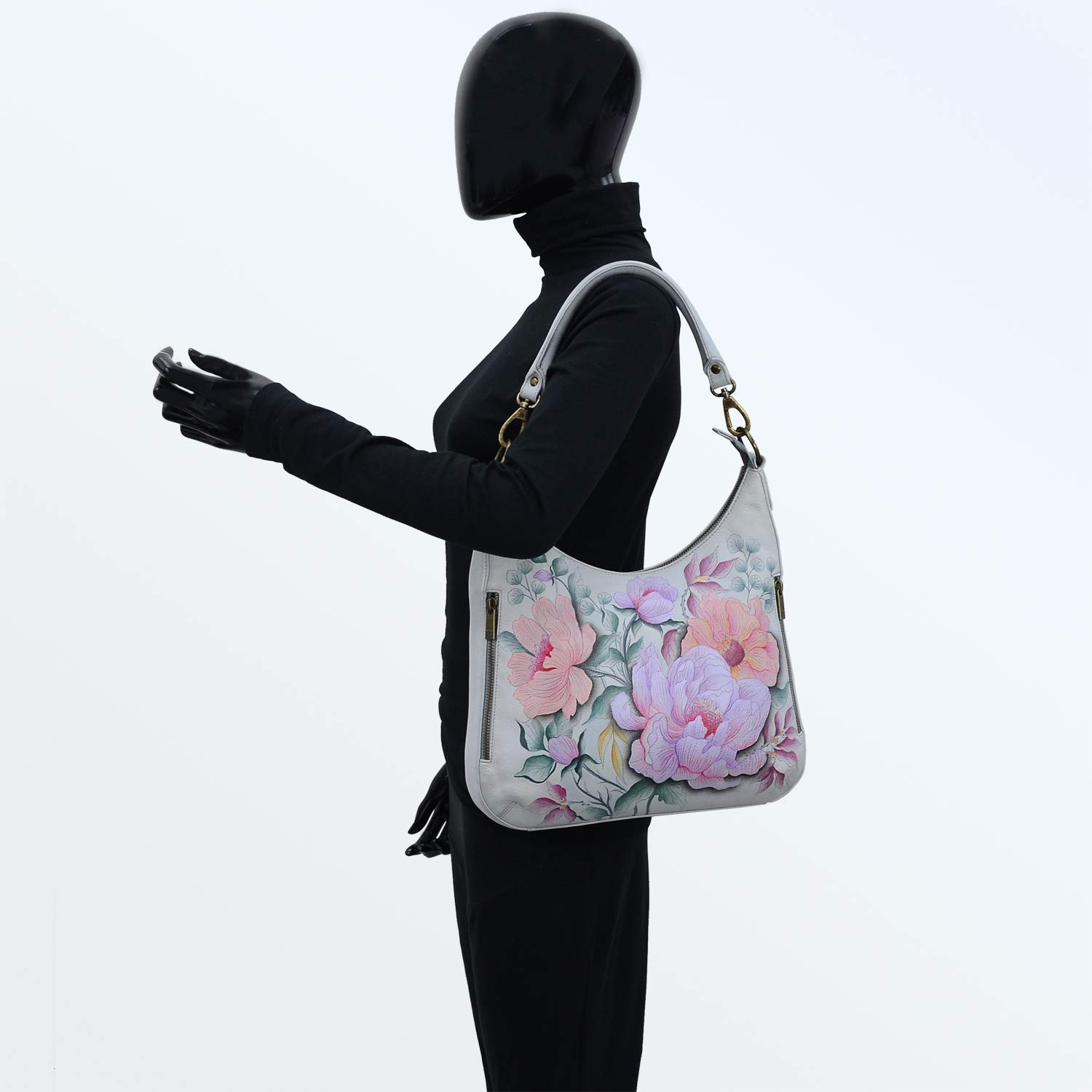 Anuschka Hobo sottile da donna in vera pelle dipinta a mano con tracolla - entrata superiore con zip, tasche multiple, Bel Fiori, Etichettalia unica