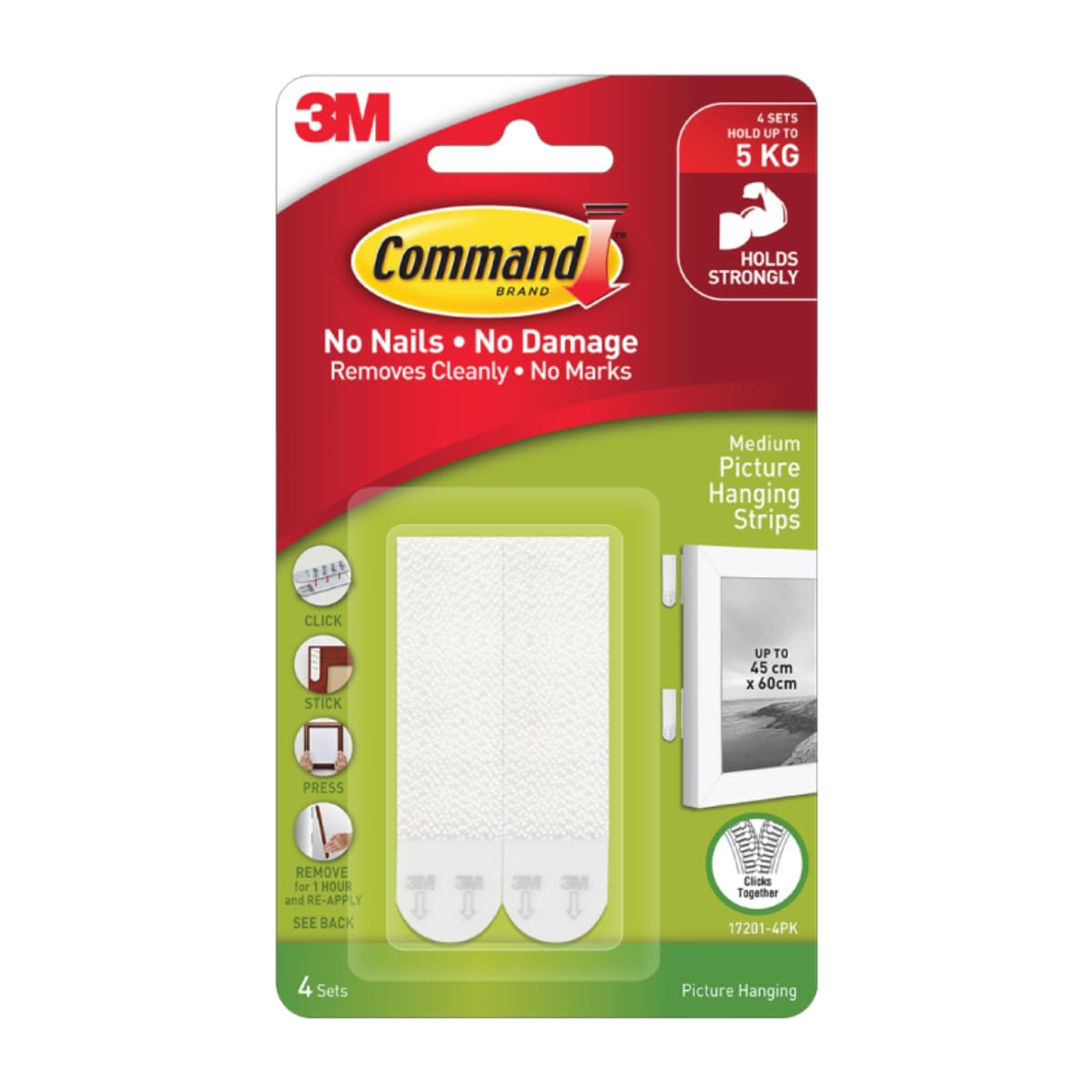 3M Command Medium Picture Hanging Strips, Holds 5kg, Damage free, Heavy Duty, Holds Strongly, Adhesive hooks for wall, Multi-surface, hooks for hanging (White, 8 strips), Foam