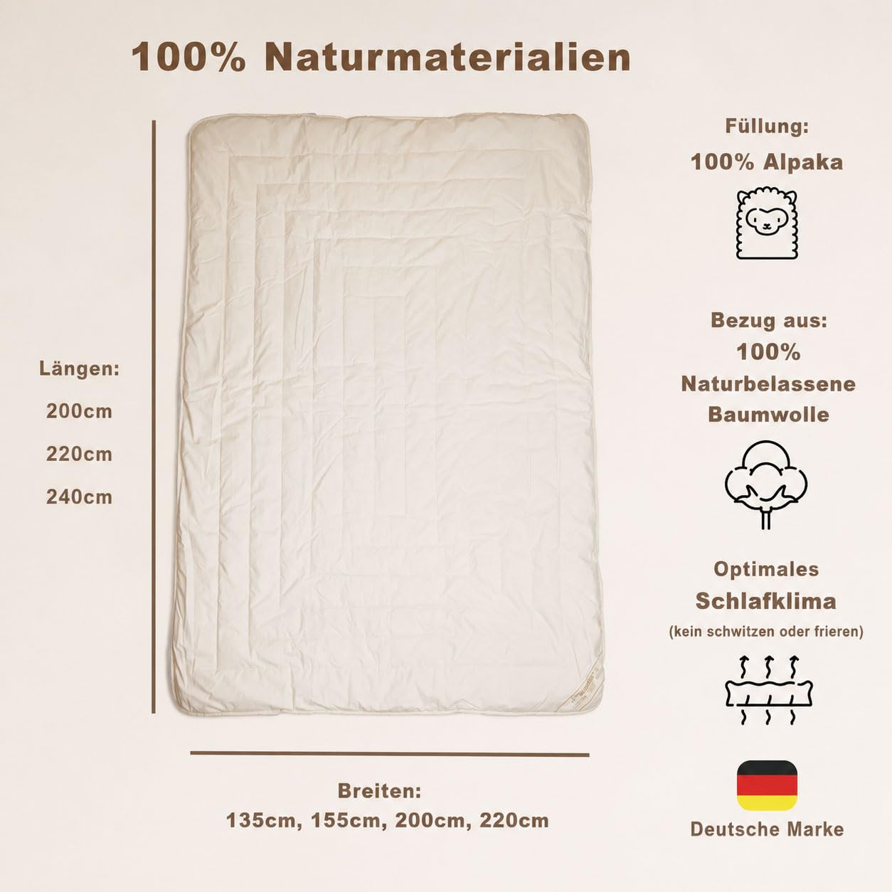 Alpaka Bettdecke Basic Line Ganzjahresdecke Bettdecke, 135x200cm, Füllung 100% Alpakawolle (1.100g), Bezug aus naturbelassener Baumwolle