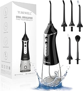 Jet Dentaire Hydropulseur -TUREWELL Portable Irrigateur Oral Professionnel avec 3 Modes et 4 Buses,USB Rechargeable et IPX7 Etanche, 300ML Nettoyeur de Dents pour la Maison et les Voyages