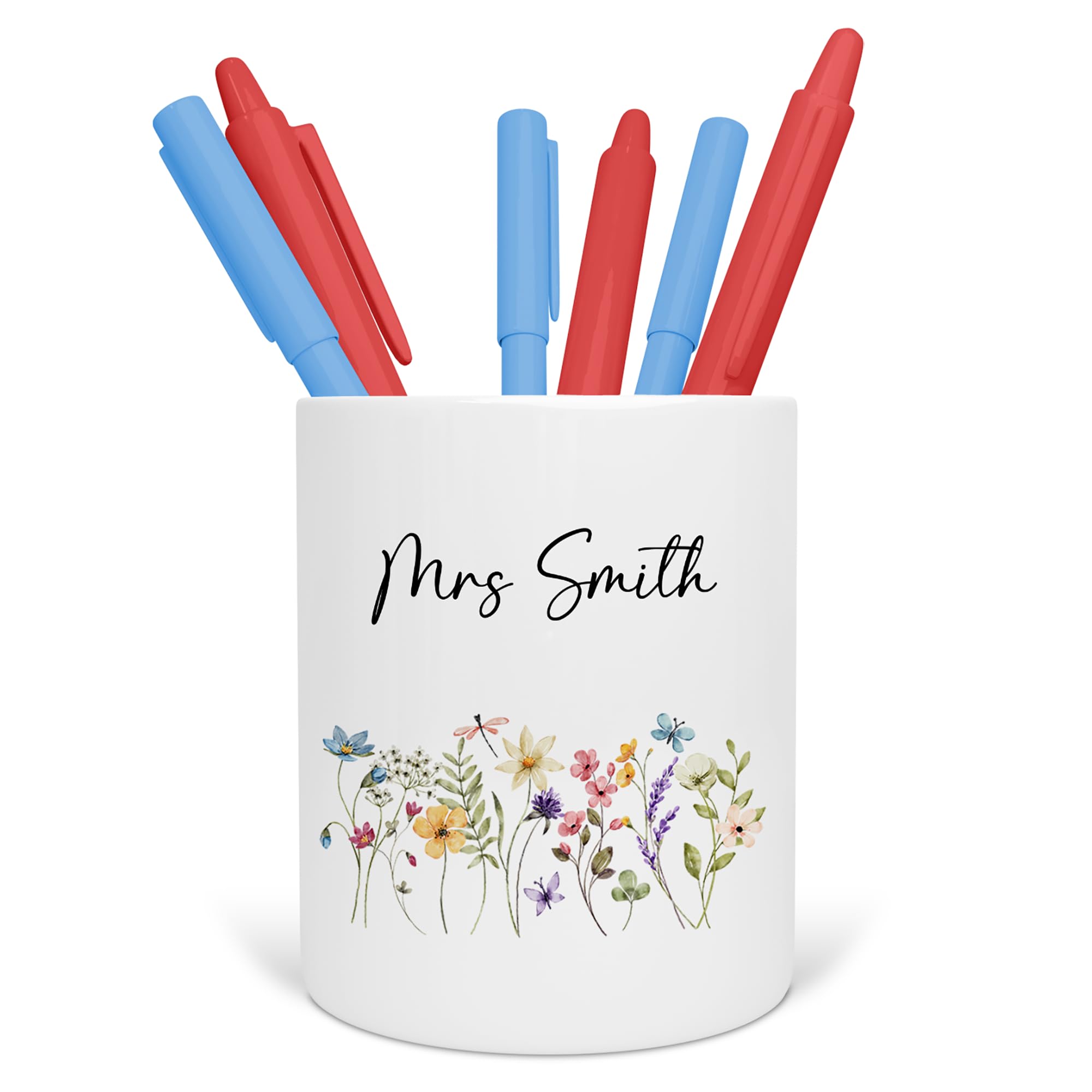 Personalised Teacher Pen Pot - Custom Rainbow Desk Organiser for School, Nursery or Office - End of Term Gift for Teaching Assistant, TA - Ceramic Pencil Holder (Wildflowers) โ image 1