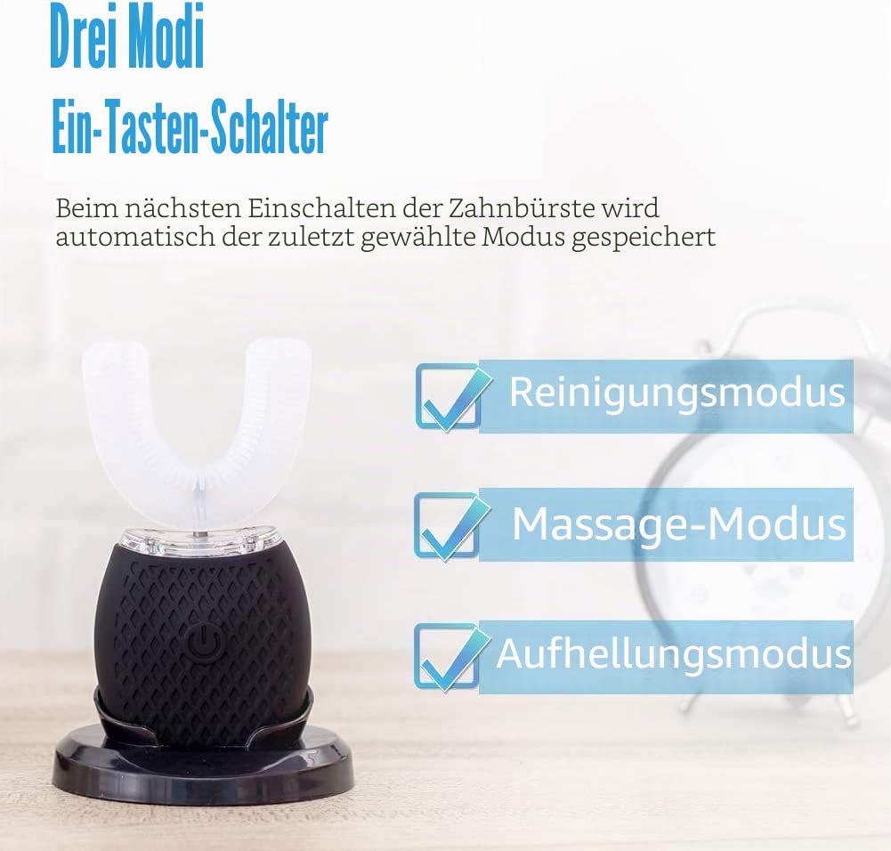 Automatische Ultraschall-Zahnbürste, Elektrische Schallzahnbürste mit 360° Reinigung, U-förmiges Design, 4 Modi, Zahnaufhellungsbürste mit Timer, Für Erwachsene, Effektive Tiefenreinigung (Schwarz)