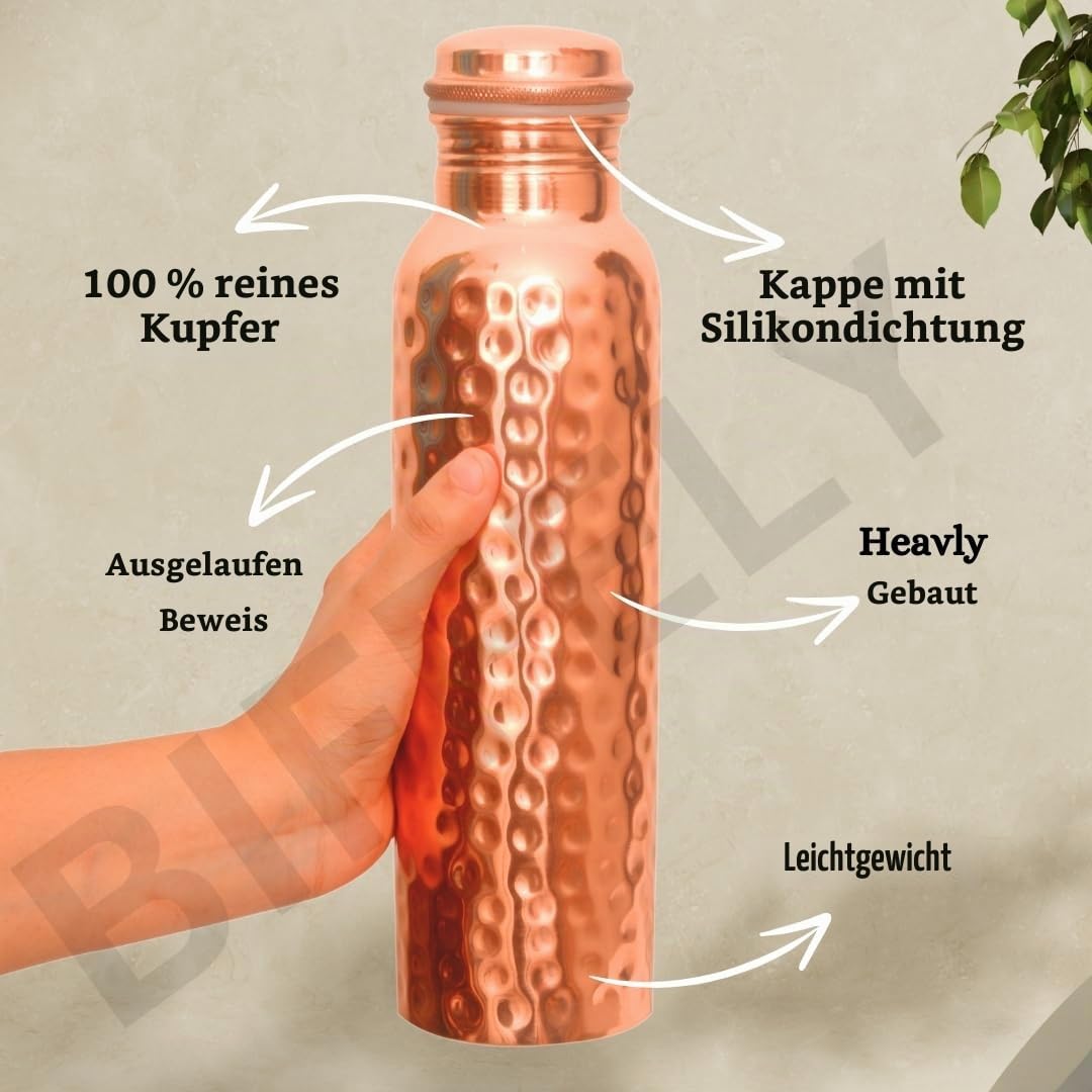 Wasserflasche aus reinem Kupfer, auslaufsichere ayurvedische Flasche, 1000 ml, handgefertigt, BPA-frei, gelenkfreies Design für Gesundheit, Yoga, Büro und Reisen, Premium-Geschenkverpackung (mit 2