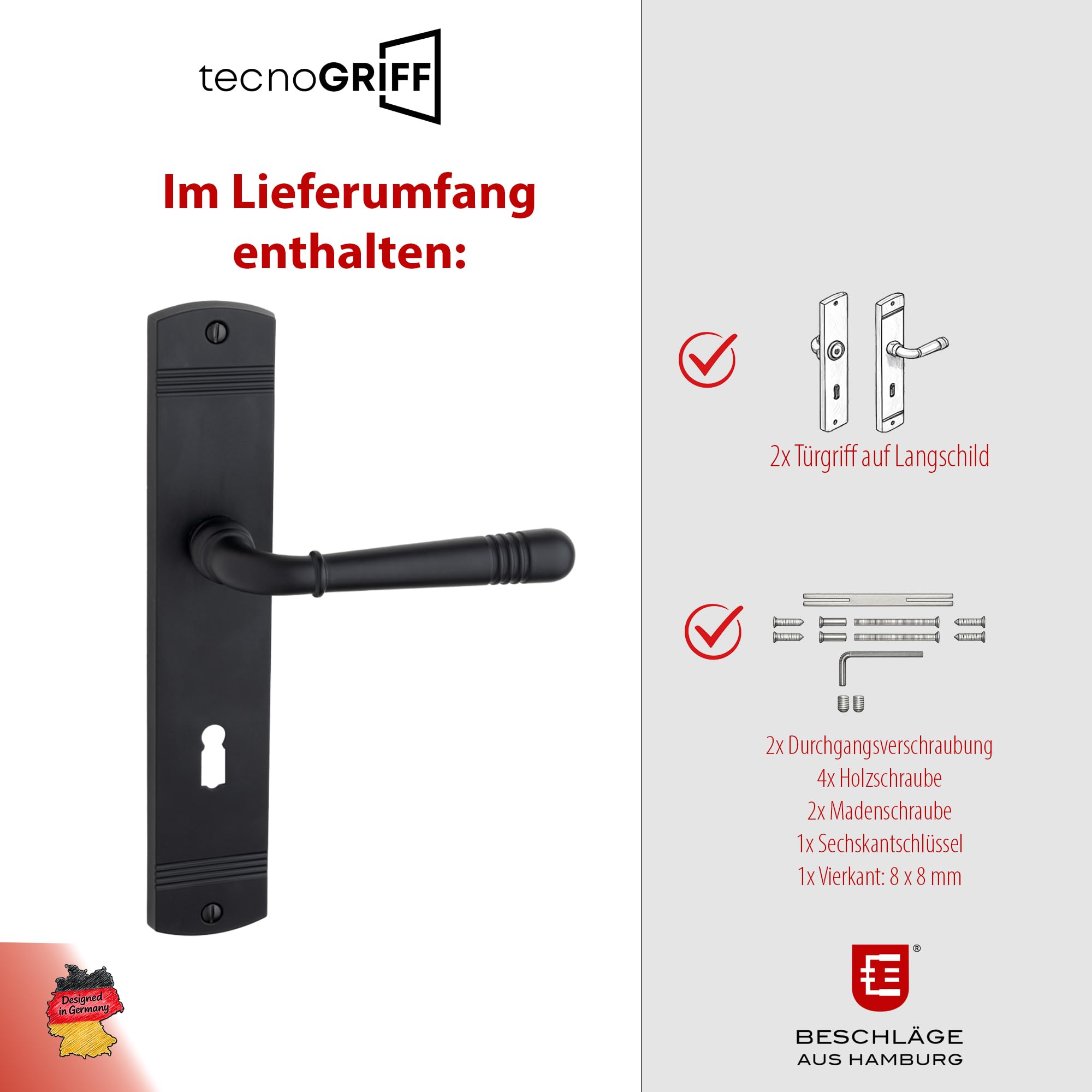Beschläge Hamburg Türgriff EMILY ART 70-09 – Drückergarnitur Langschild 45 x 235 mm, Buntbart (BB) für Zimmertüren, Set inkl. Befestigungsmaterial, schwarz matt