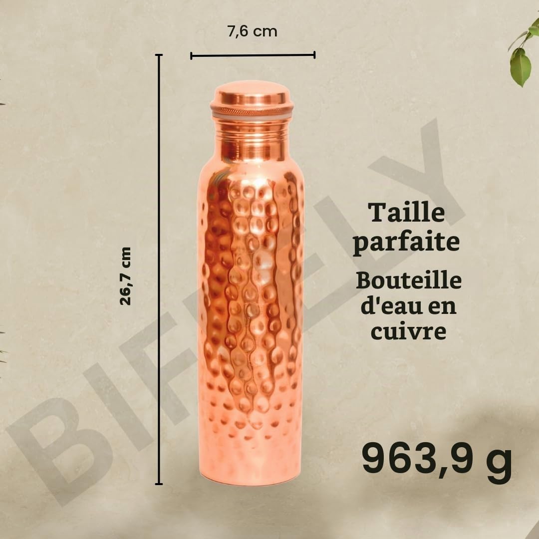 Bouteille d'eau en cuivre martelé massif 100% fabriquée à la main – Bouteille ayurvédique en cuivre ayurvédique pour homme et femme | Design à large ouverture | Couvercle robuste et anti-fuite de
