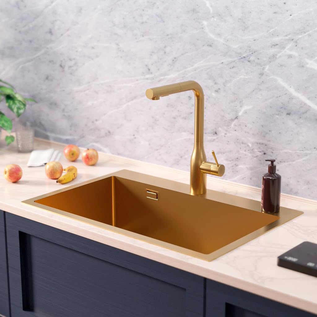 Timeless - Fregadero de Cocina Bajo Encimera 68x45 cm | Acero Inoxidable 304 | Acabado PVD Dorado Cepillado | 1 Cubeta | Fácil Instalación