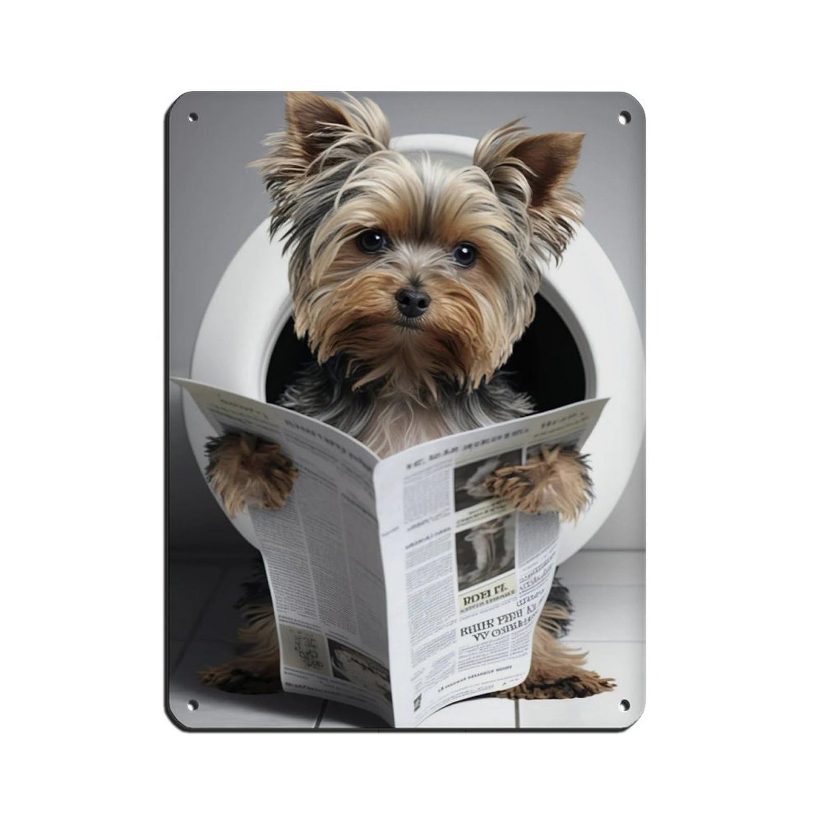 Yorkshire Terrier Sitting on The Toilet Reading A Newspaper Tin Sign Vintage Metal Pub Club Cafe Bar Home Wall Art Decoration Poster Retro 12x16inch(30x40cm)