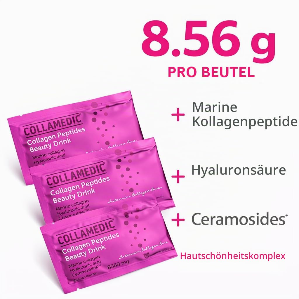 Kollagenpeptide Beauty Drink, angenehmer Orangengeschmack, Meereskollagen mit Hyaluronsäure, Phytoceramide, Oligopeptide, 30 Beutel x 8560 mg