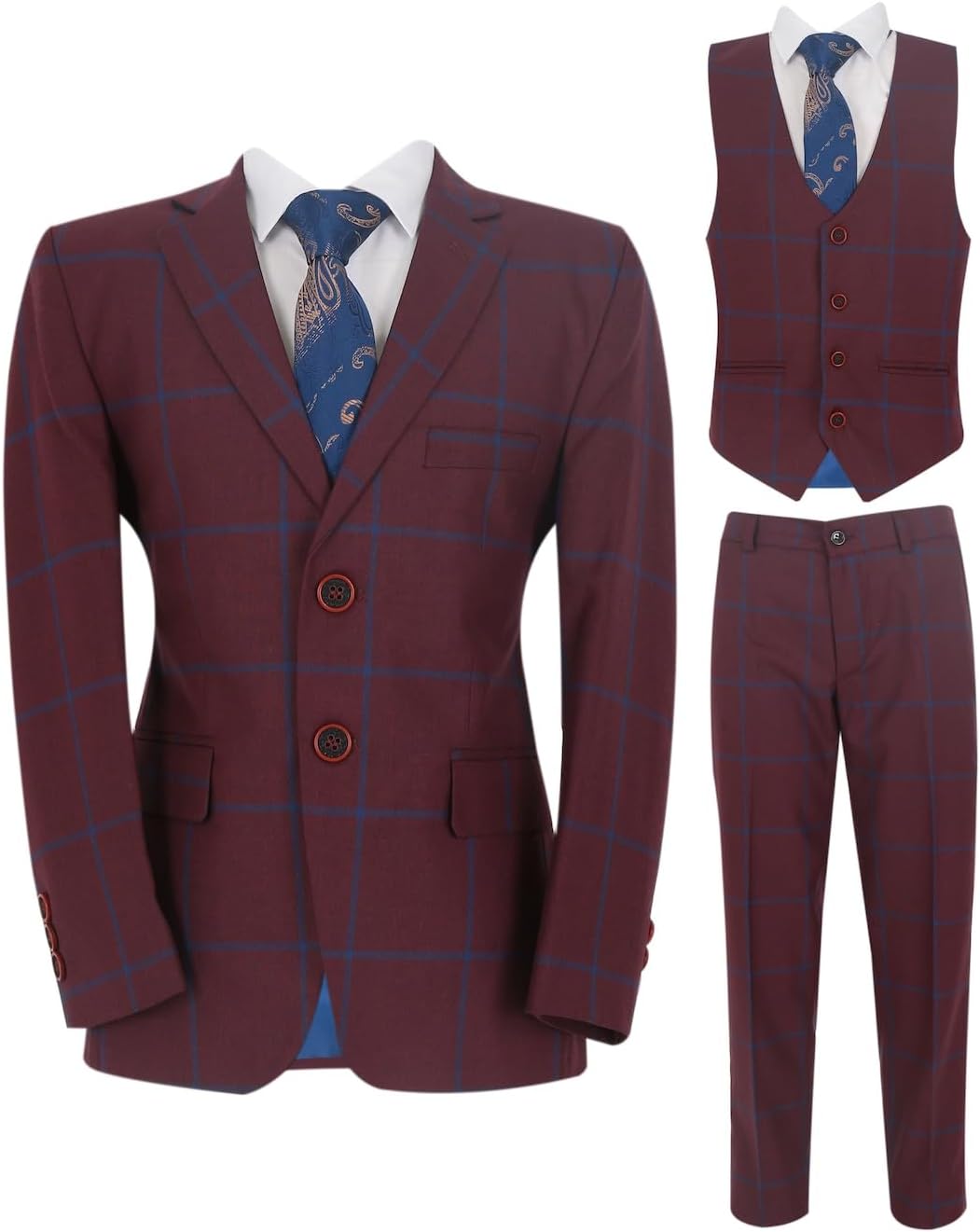Boy’s Windowpane Check Tailored Fit Burgundy with Blue Stripes Suit Vintage Set