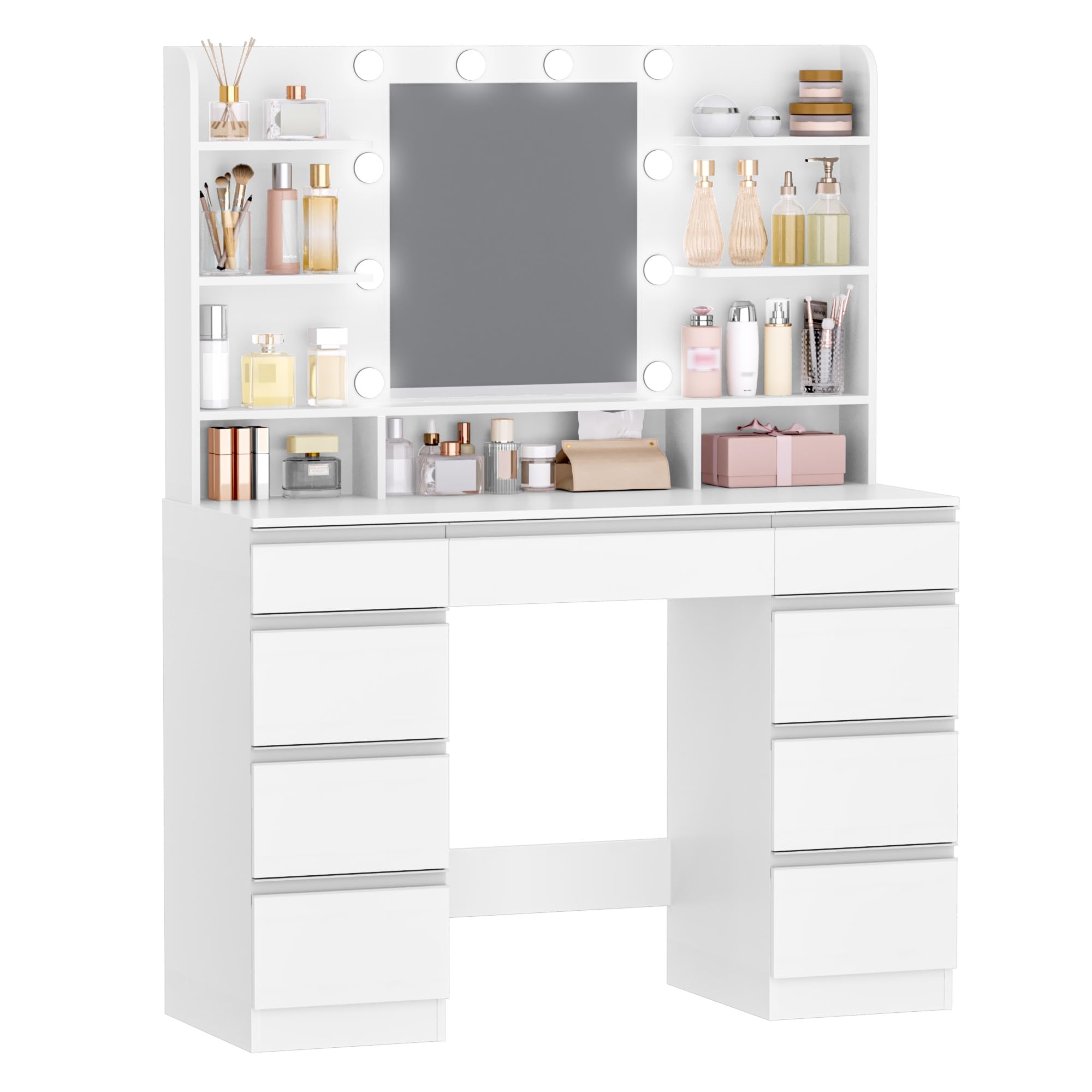 Hzuaneri Grande Coiffeuse avec Éclairage LED, 10 Boules Lumineuses LED, 3 Couleurs, Luminosité Réglable, Miroir, 9 Tiroirs, 9 Étagères Ouvertes, Blanc-Argent DT35703W