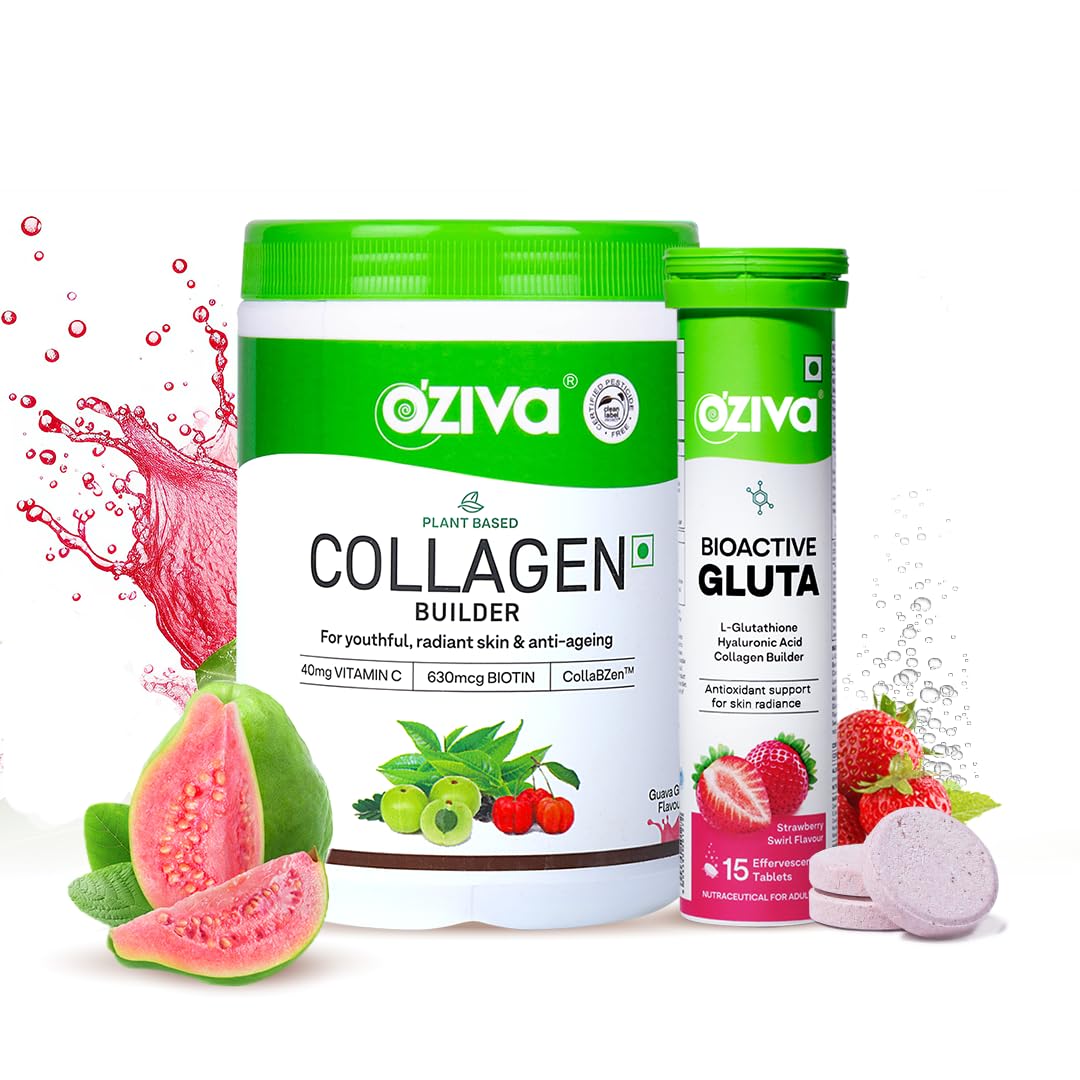 OZiva Vegan Collagen (Guava Glow) for Skin, Hair & Nails 200g And Bioactive Gluta Fizzy|L-Glutathione,Hyaluronic Acid,Astaxanthin,Lycopene|Strawberry,Powder