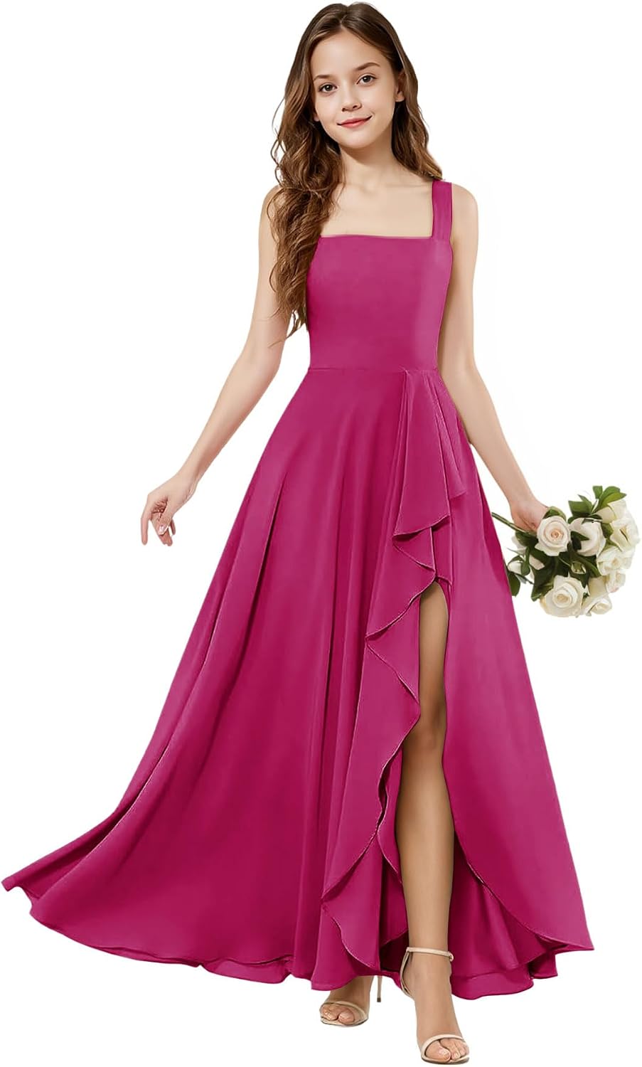 Junior Bridesmaid Dresses with Slit Teen Girls Square Neck Chiffon Flower Girl Dress Long Ruffle Formal Party Gown