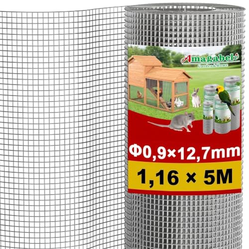 Amagabeli Malla Electrosoldada Galvanizada, Rollo 1.16M x 5M, Luz de Malla 12.7x12.7mm, Alambre de 0.9mm de Grosor - para Cerramientos, Gallineros, Jardín y Refuerzo