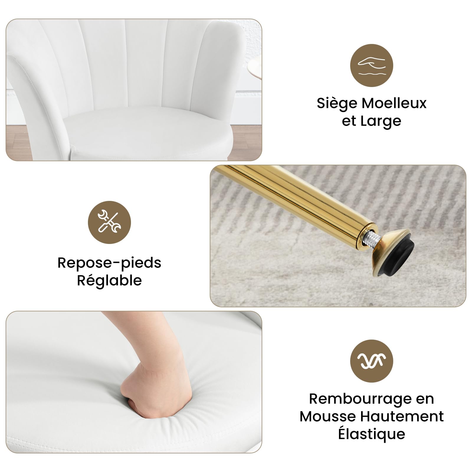 WOLTU Fauteuil Salon, Fauteuil Coquillage, Dossier en Forme de Pétale, en Velours, Pieds en Métal, Blanc, SKS49ws