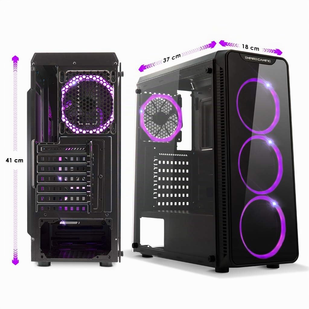 EMPIRE GAMING Warmachine - Gamer-PC-Gehäuse – Mittelgroßer ATX Gehäuseturm - 4 Geräuschlose Lüfter - LED-RGB-Dual-Ring: Rückbeleuchtung mit 11 Modi - Front und Seite aus Vorgespanntem Glas