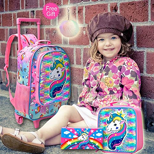 Agsdon 3Pcs Rolling Backpack For Girls, Kids Roller Wheels Bookbag, Wheeled School Bag With Lunch Bag - Unicorn #TOP1