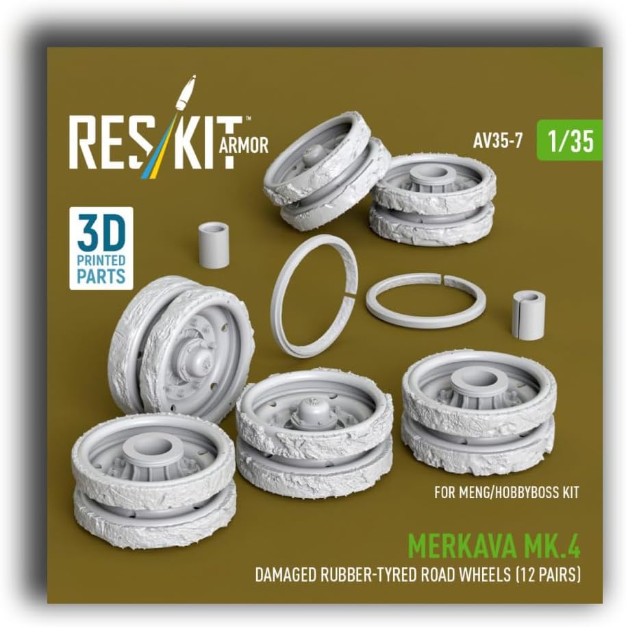 RS-AV35-0007 1/35 Merkava Mk.4 Damaged Rubber-tyred Road Wheels (12 Pairs) for Meng/HobbyBoss kit (3D Printed) Scale Model/Replica Reskit