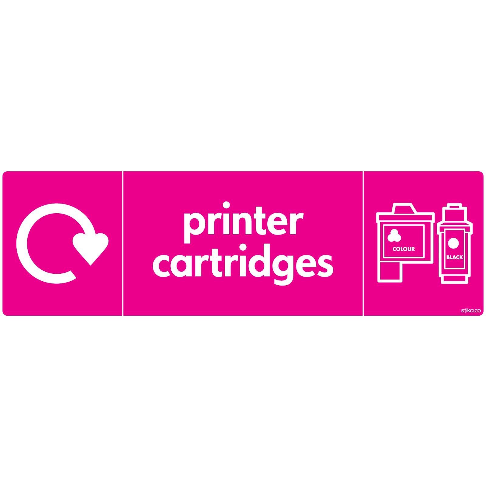 stika.co Pack of 2 Printer Cartridge Recycling Signs - WRAP Recycle Now Self-Adhesive Vinyl Stickers, 200 x 60mm - BS EN ISO 7010 Compliant Bin Labels