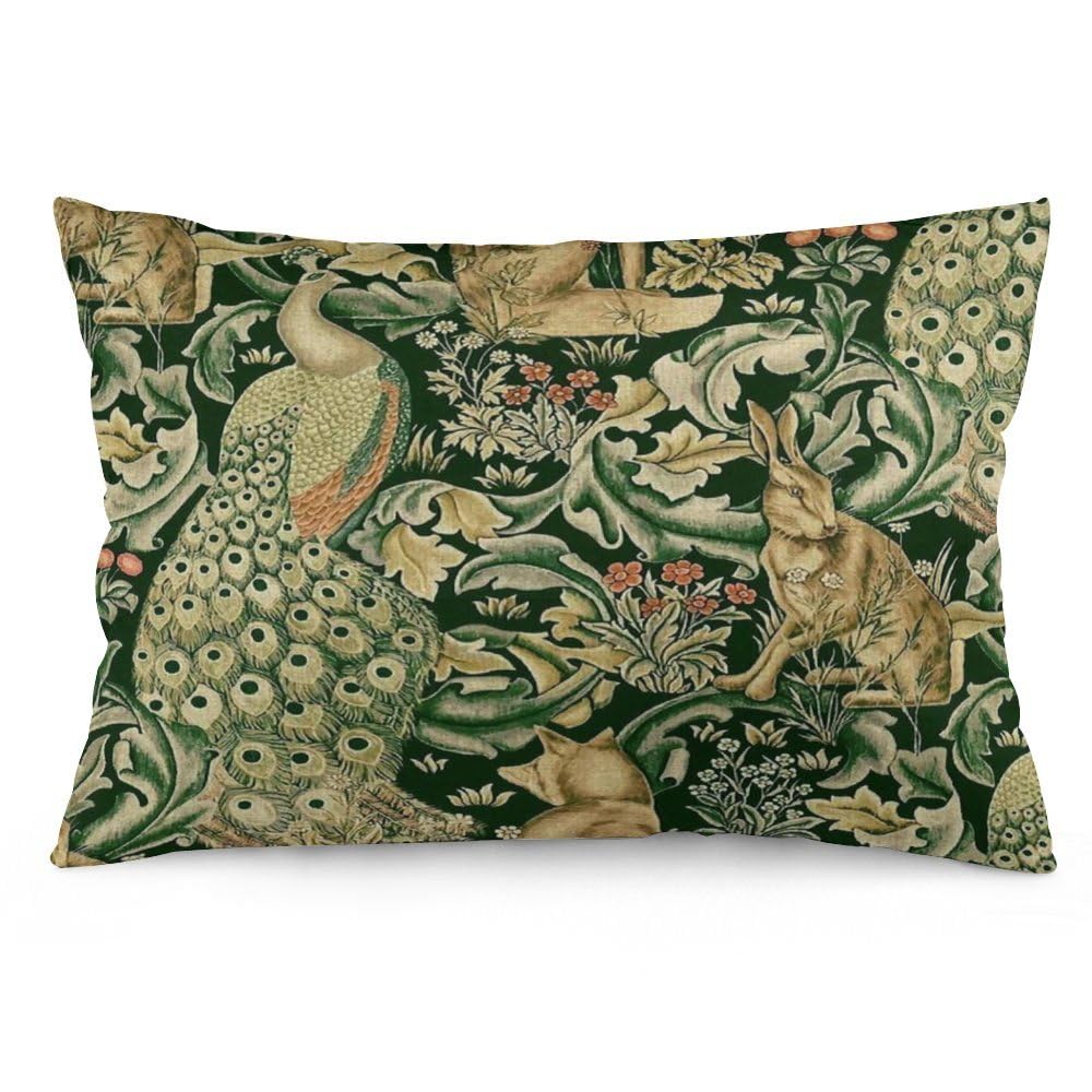 Dripglw Green Forest Animals Peacocks Fox Hare William Morris Throw Pillow Covers 12x20 Inch Aesthetic Pillow Velvet Decorative Pillowcase Home Decor Living Room Cushion Case for Bed Sofa Couch