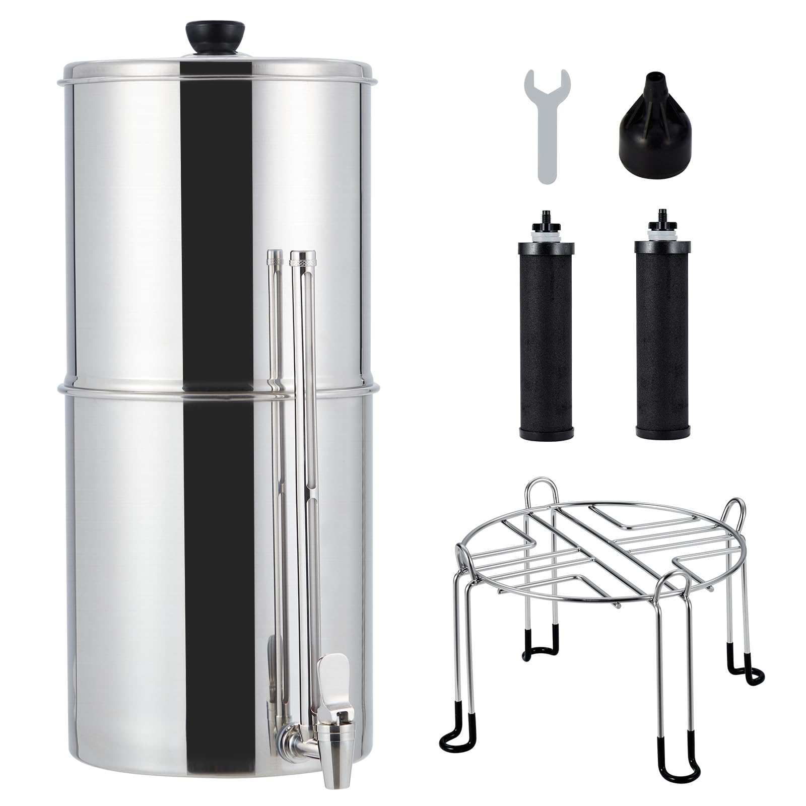 Gravity-fed Water Filter System, 2.25G Stainless-Steel Countertop Water Filter System with 2 Black Carbon Filters, Metal Water Level Spigot and Stand, for Home, Camping, RV, Emergencies