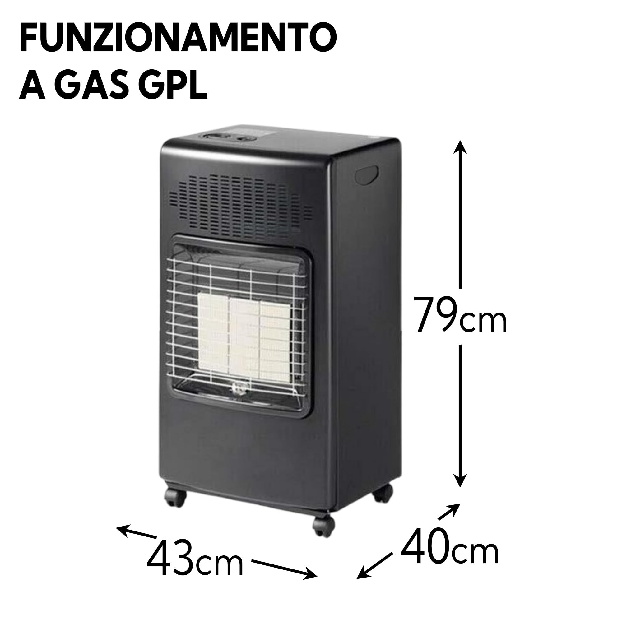 Sicignano - Estufa de infrarrojos GLP Camilla Negra de 3 ladrillos, potencia ajustable 1,5 – 4,2 kW, encendido piezoeléctrico, con manguera, bridas y regulador, calefacción interior
