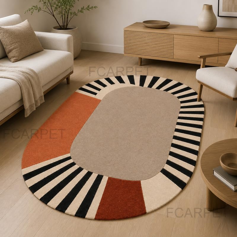 Image of Oval Carpet with Geometric Stripe Border Luxury Wool (Multicolor 12 x 15 feet)