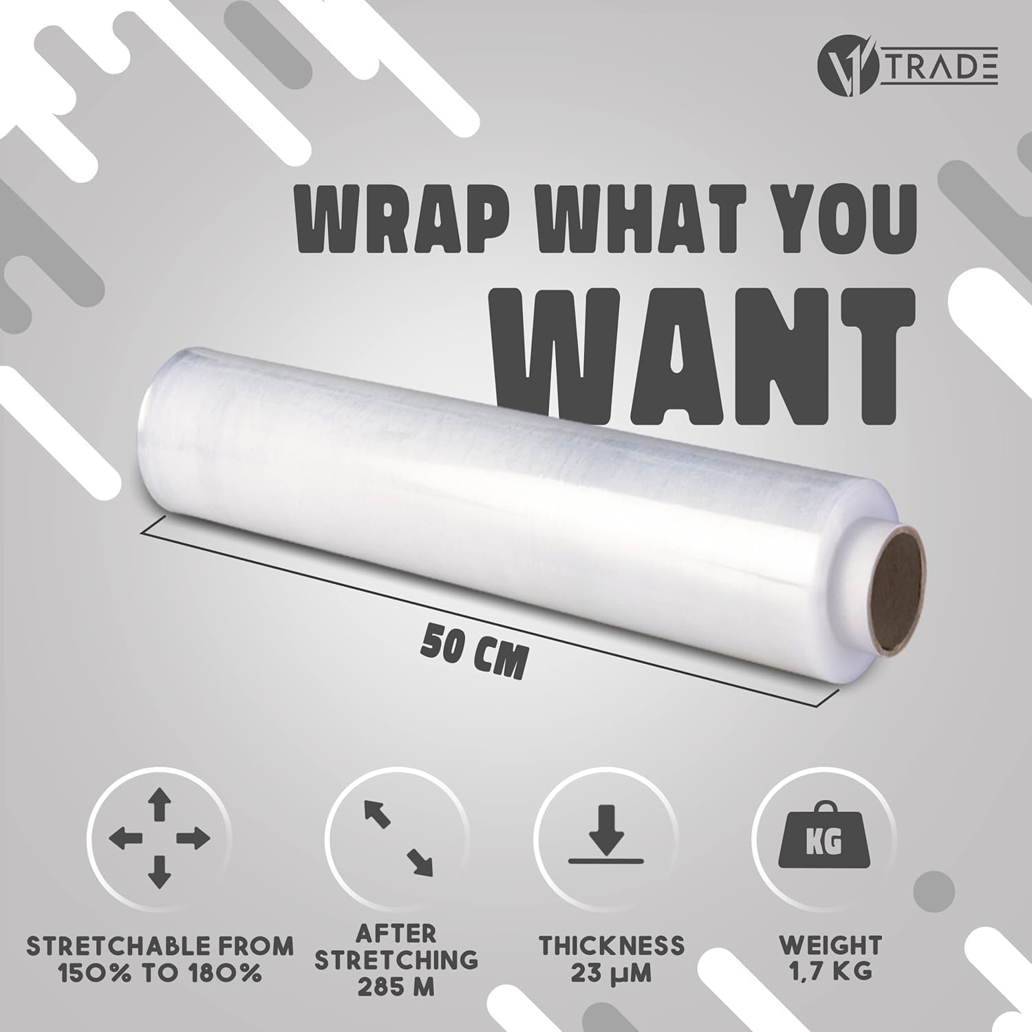 V1 Trade folia stretch do pakowania 285m/50cm – 60 folii typu shrink wrap do mebli i palet – rolka przeprowadzkowa – przezroczysta folia do zabezpieczania – grubość 23 mikrony