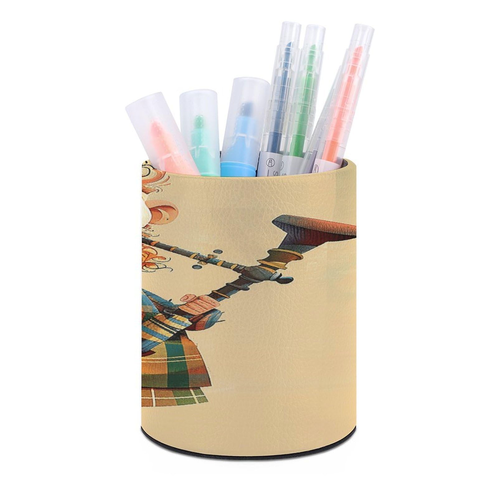 Cartoon Scottish Bagpipe Pen Holder Multi-Functional Round Pencil Holder Cute Office Decoration Pen Cups Simple Design PU Leather Paintbrush Cups for Home Office Desk