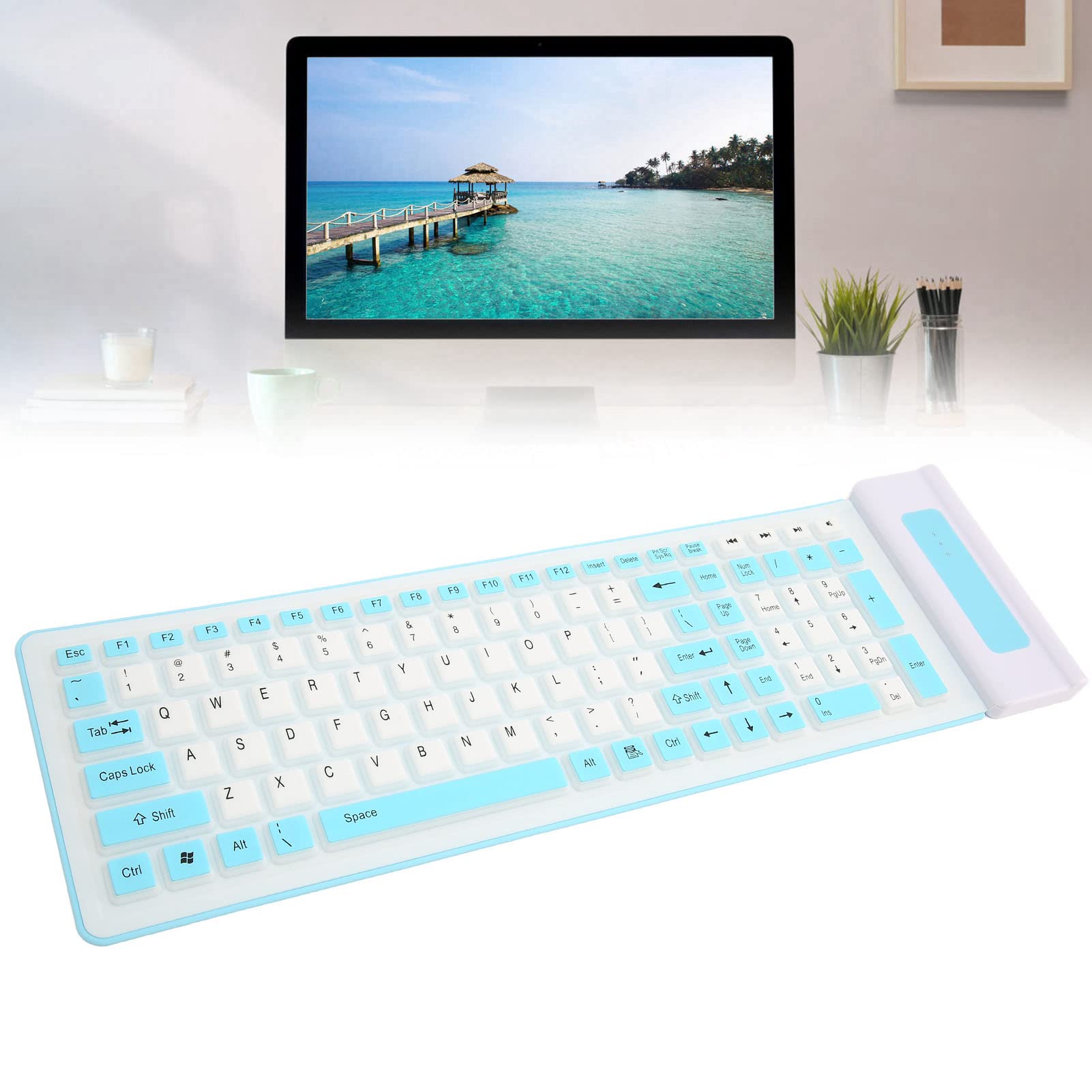 Focket Tastiera in Silicone, 2.4G USB Wireless Keyboard Tastiera Pieghevole Rollup Keyboard Tastiera Portatile Impermeabile, 103 Tasti Tastiera Flessibile Tastiere del Computer per PC (Blu)