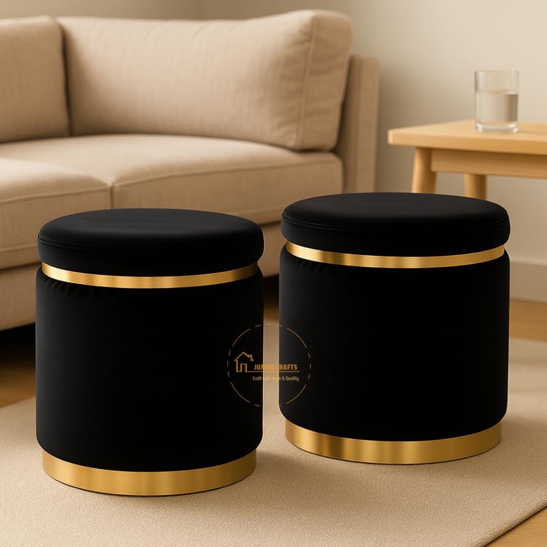 JUMBO CRAFTS Elegant Small Wooden Velvet Ottoman - Puffy Stool For Living Room - Perfect Storage Footrest for Living Room, Bedroom, Office Multifunctional Footrest, Seat and Organizer - Set Of 2 Black