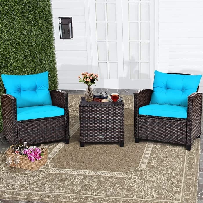 DEVOKO Bistro Set, Outdoor Patio Wicker Sofa with Removable Cushions and Small Coffee Table, Furniture for Porch, Balcony, Patio, Deck, Backyard (Dark Brown and Sky Blue)