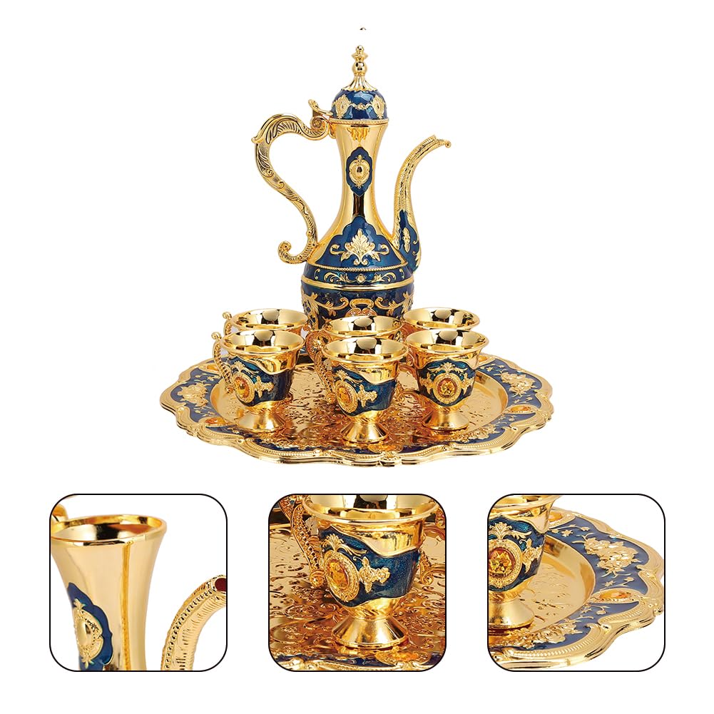 Tiiyee Ensemble De Thé Turc, Cafetière Turque Vintage Service Comprenant Théière Artisanale Marocaine en Métal Flacons Hanche Verre Vin Russe Ensembles Pot Bleu Café avec 6 Tasses Plateau(Bleu)