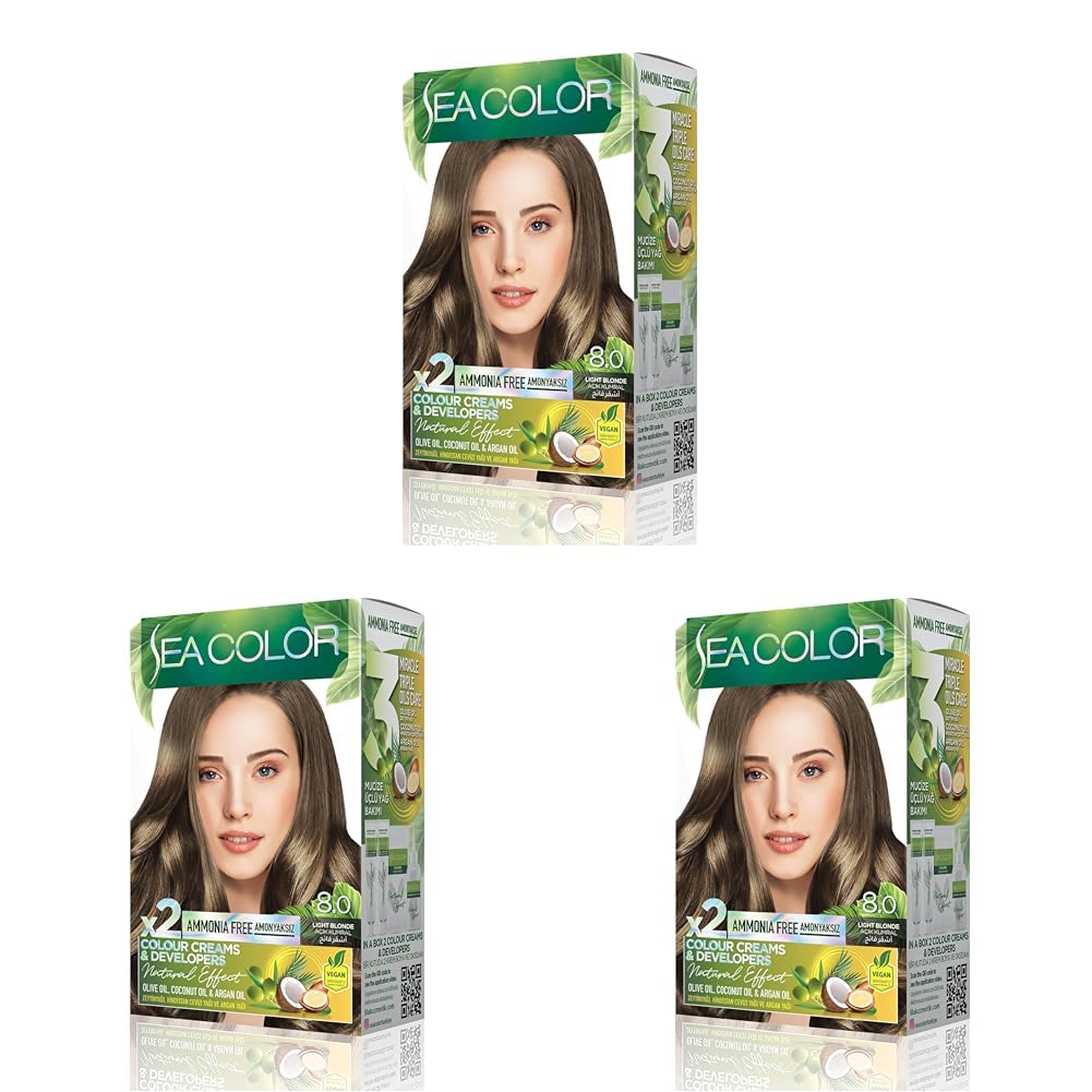 SEA COLOR Amonyaksız, Vegan, Doğal, Besleyici Kalıcı Saç Boyası%100 Beyaz Kapama (1 PAKET 2 x 50 ml Boya & OKSİDAN) (Açık Kumral 8.0) (3 paketi)