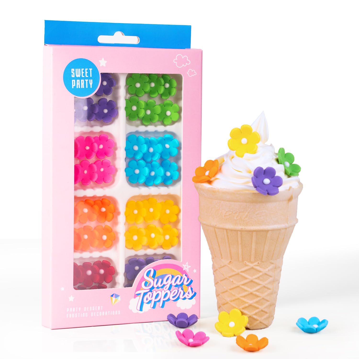 Edible Flowers Cake Decorations 48 Count Blossoms Royal Icing Decorations Daisy Sugar Wedding Flowers for Baking Cupcakes Ice Cream Waffles Cookies Birthday Cake