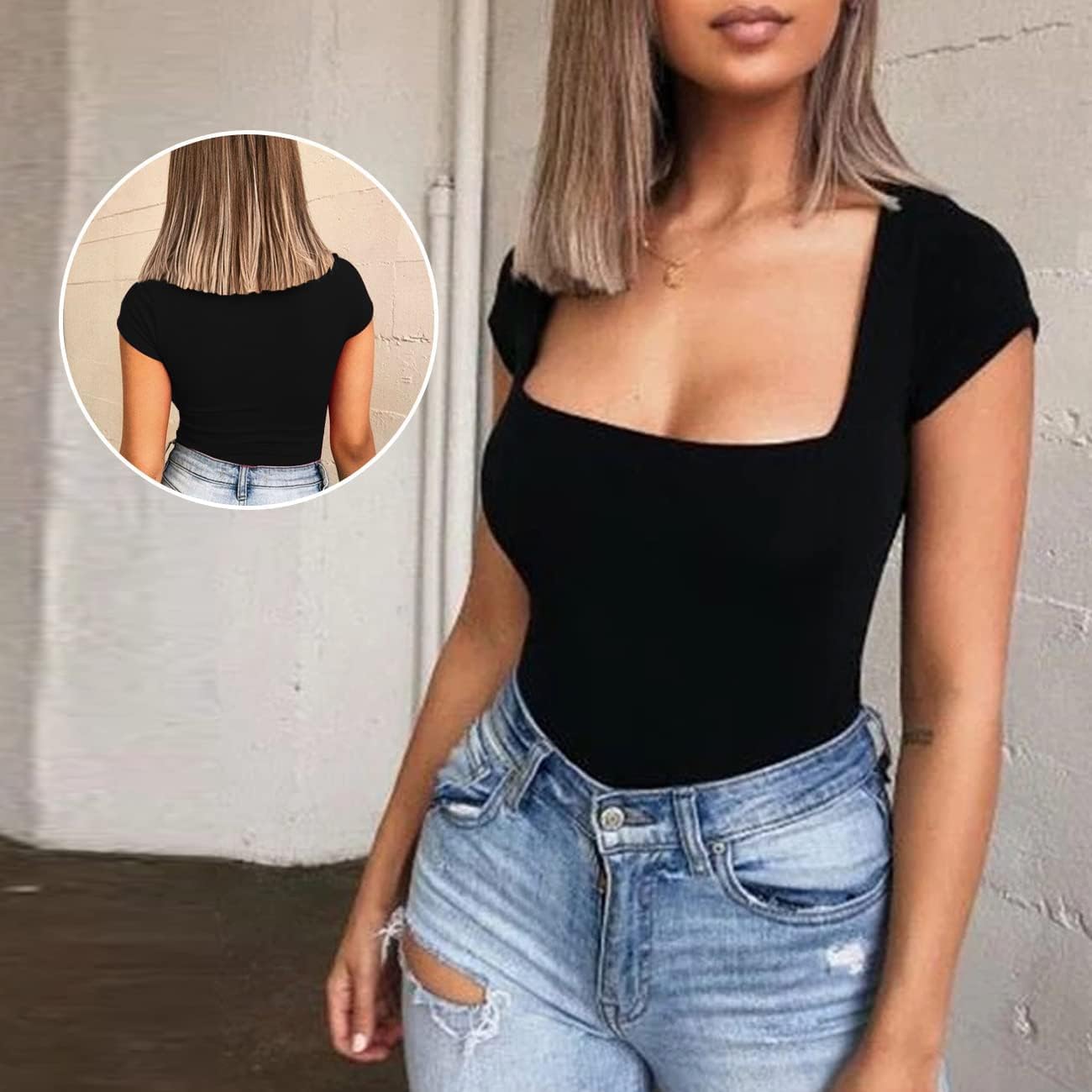 Body Donna Maniche Corte Bodysuit Elegante Scollatura Quadrata Contenitivo Modellante Outfit Estivo versatile Aderente Morbido