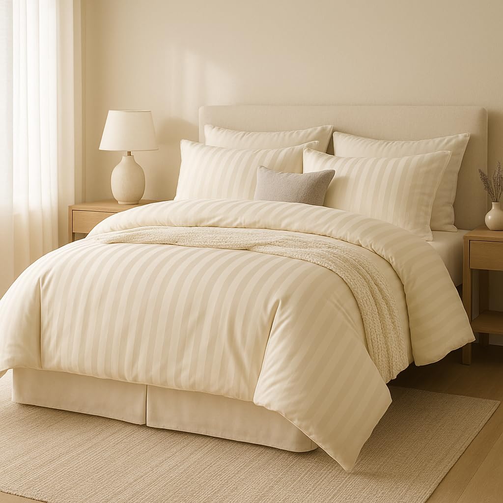 400 TC Microfiber Satin Stripe King Size AC Comforter 4 Pc Bedding Set for Double Bed with 1 Flat Bedsheet and 2 Pillow Covers for Home Hotels - All Weather/Season (90x100 Inches, Cream)