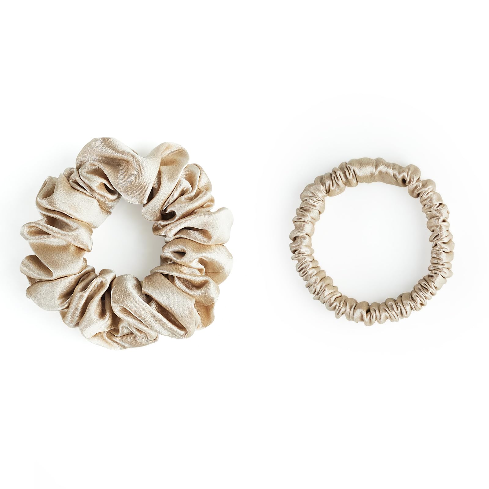 SILKLAB 22 Momme 100% Mulberry Silk Scrunchies (2 Pack, Champagne), Well-Hold Elastic for No-Damage, 6A, Soft Hair Ties, Reduces Frizz & Breakage,