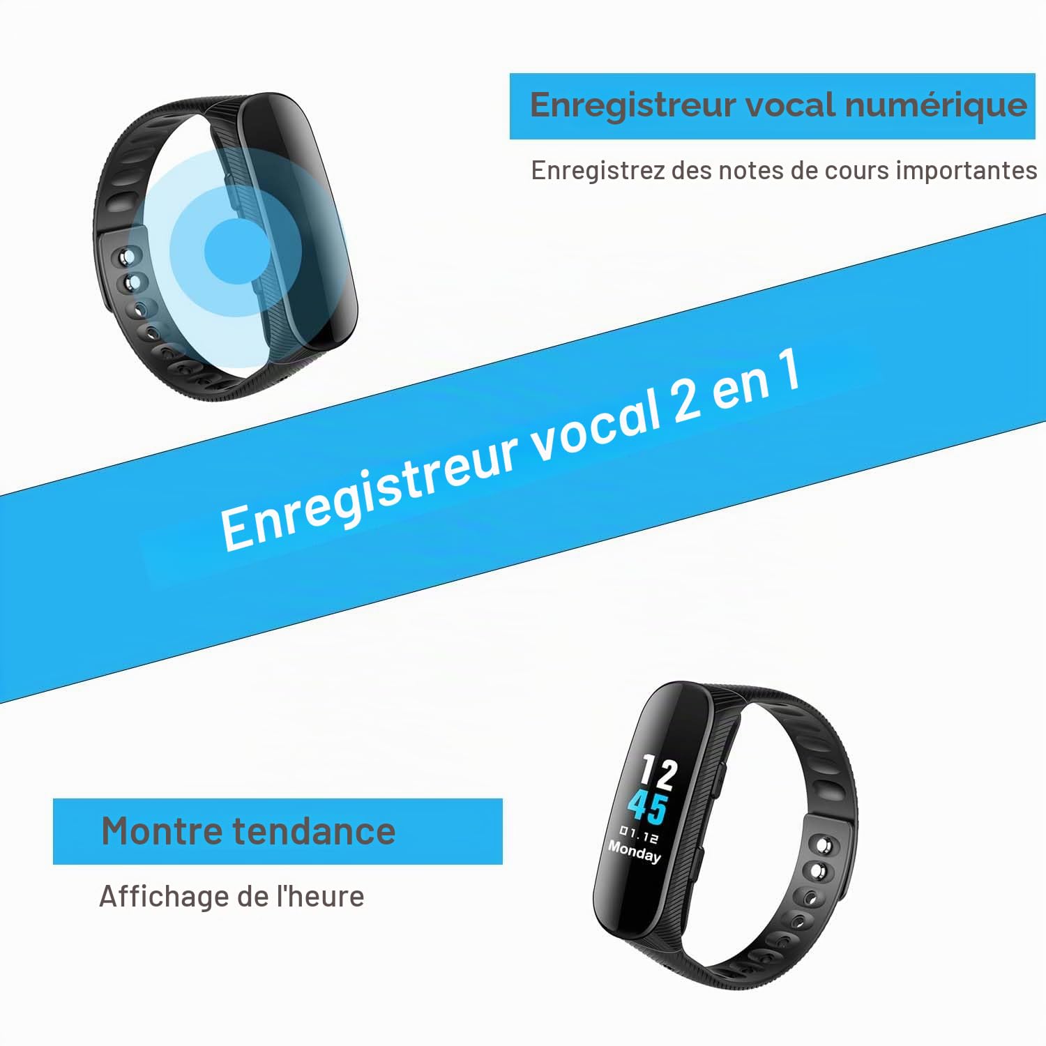 Enregistreur vocal Bracelet 16 Go Enregistreur vocal professionnel avec activation vocale et lecteur MP3 horloge avec enregistreur vocal rechargeable USB pour réunions interviews leçons