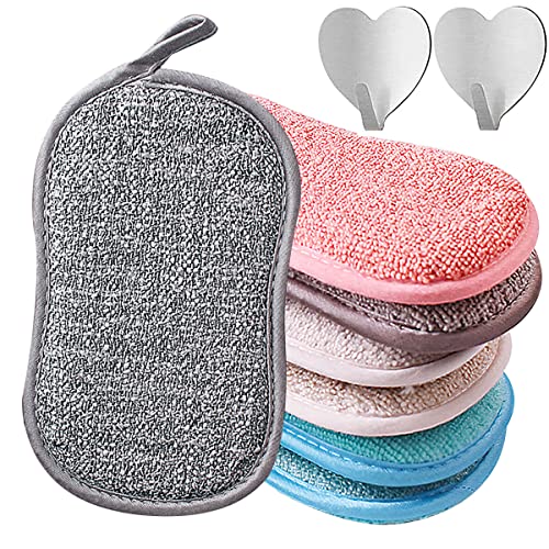 Tomkity 6pz Limpieza Esponja Estropajo de Cocina + Ganchos de Pared Adhesivos Microfibra Doble...