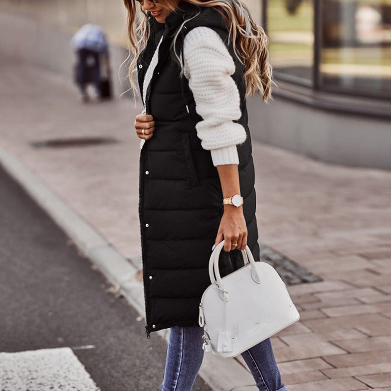 Chaleco largo para mujer con capucha – Abrigo largo de invierno cálido con capucha sin mangas chaleco acolchado para mujer ligero chaleco acolchado para exteriores con bolsillos chaleco