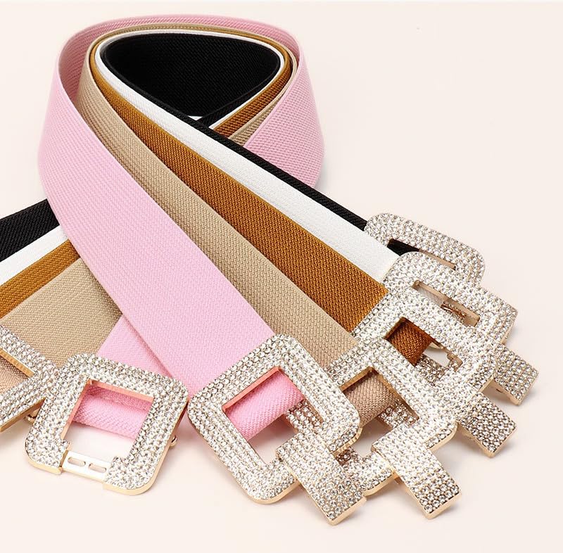 COTIM COYIN Women's Elastic Belt with Double Rhinestone Square Buckle, Stretchy Waistband4