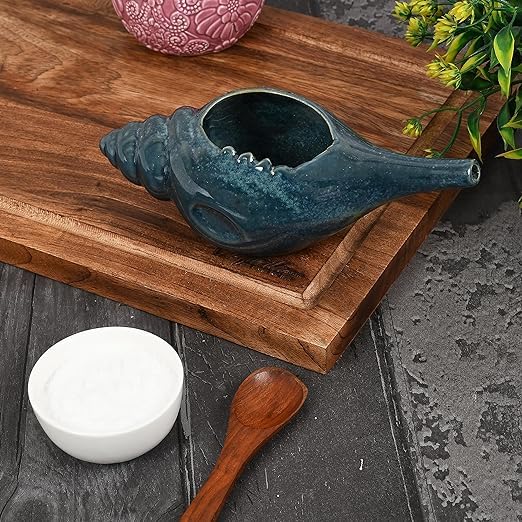 Image of Leak Proof Durable Ceramic Neti Pot with Nostril Plugging Support Better Capacity Holds 300 ml Spill Proof with Comfort Grip Lead Free Microwave Dishwasher Safe (Dark Green)