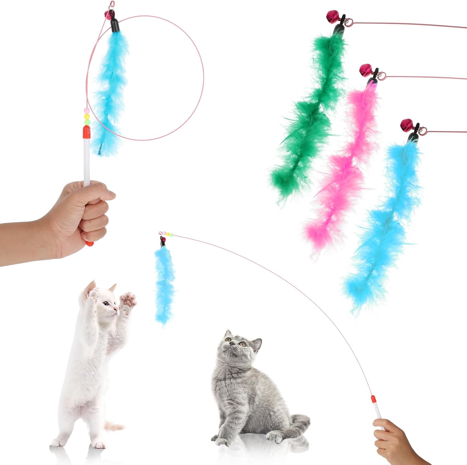 Bewudy Cat Wand Interactive Toy, 3 Sets Cat Feather Toys with Bell, Cat