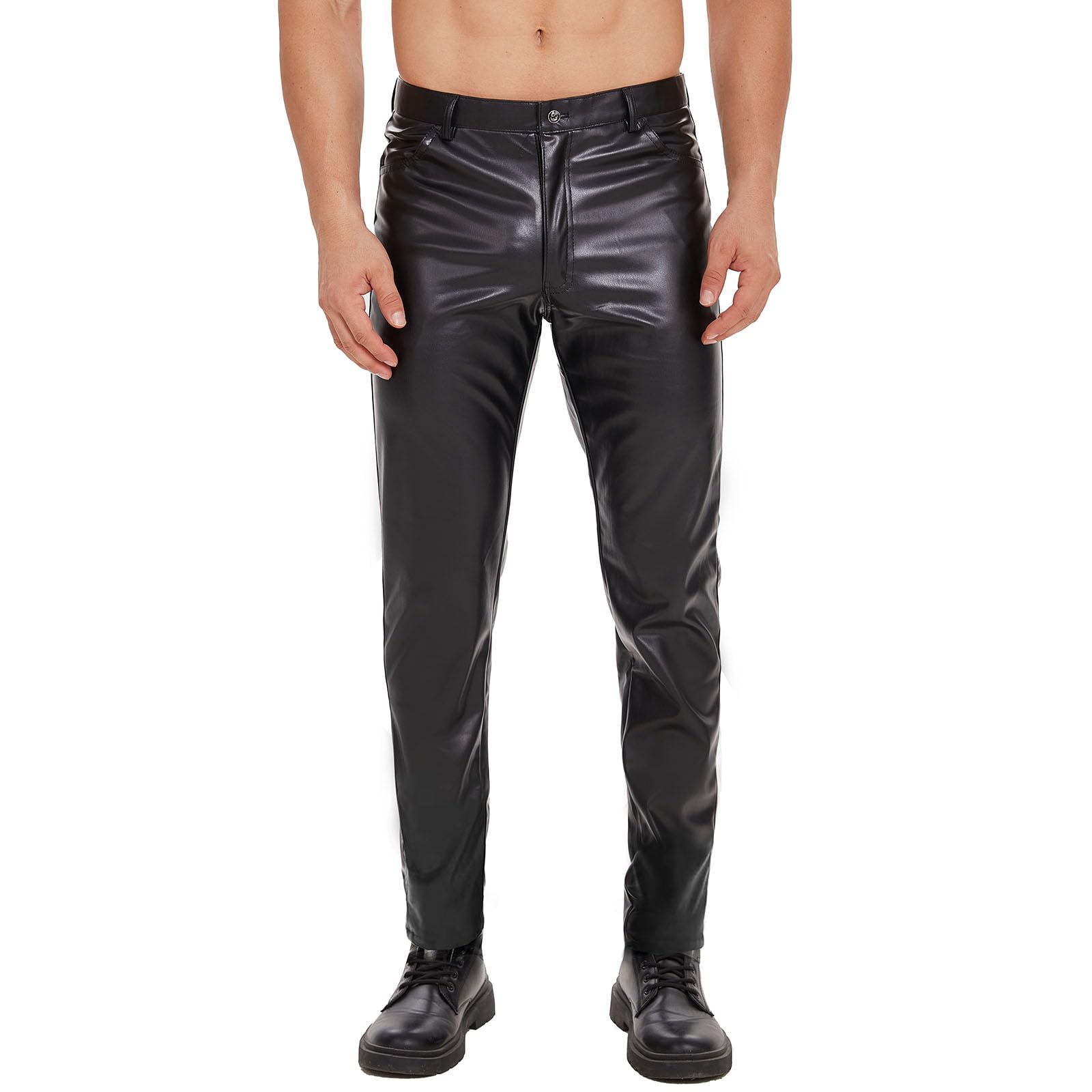 Herren Glänzende Weiche Matte Lederhose, Hochelastischem Hosen mit Reißverschluss, Slim Fit Lange Hosen, Gerade Lässige Lederhose für Herren für Kostüm Cosplay Nachtclub