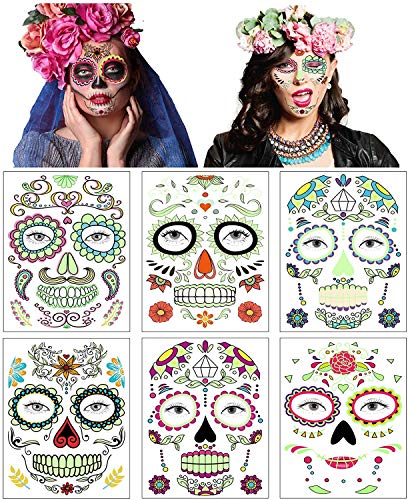 6 hojas de tatuajes faciales temporales de Halloween, pegatinas de maquillaje de Halloween tatuaje de calavera de azúcar para la fiesta de disfraces de Halloween (Multicolor)