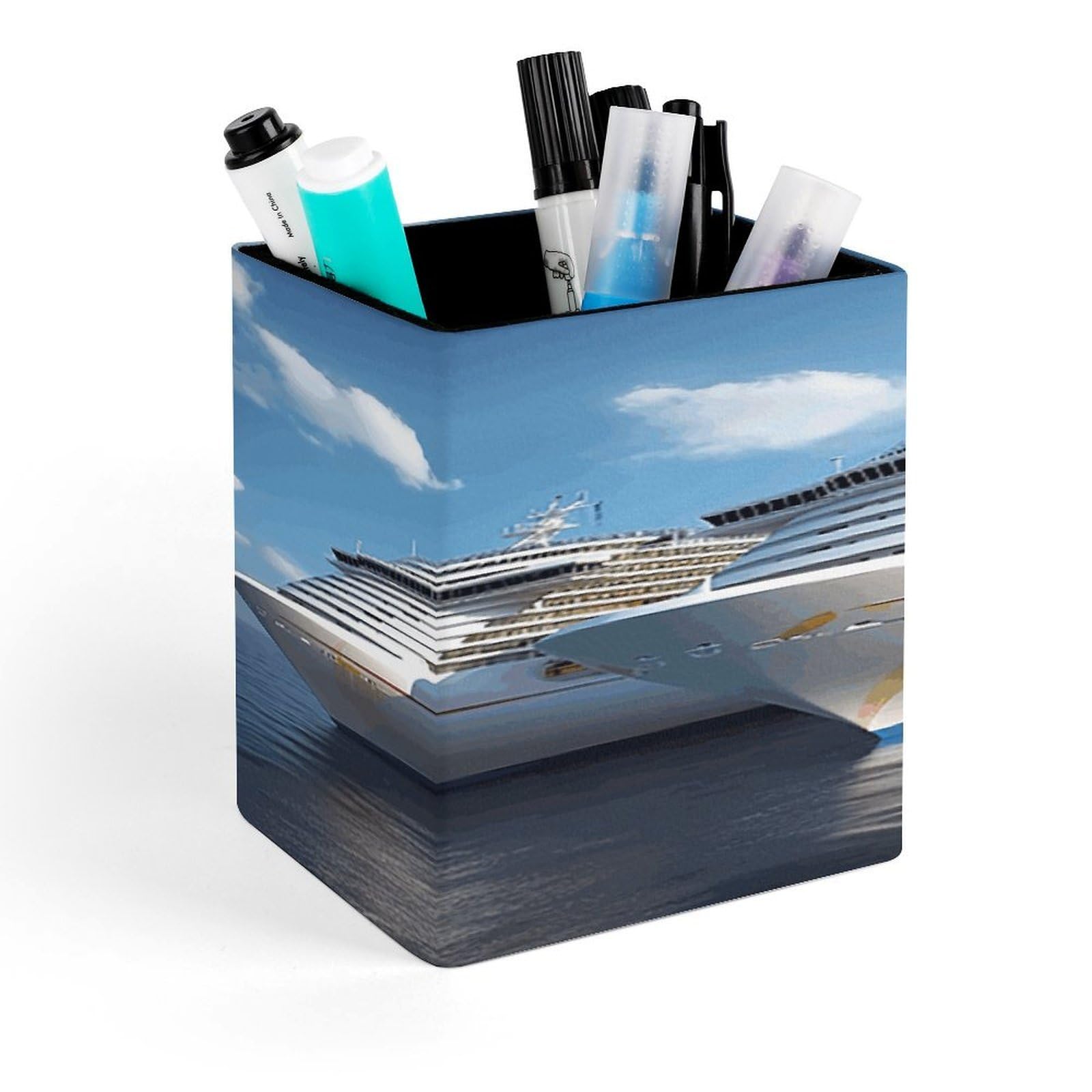 FekiLoot Cruise Ship Pencil Holder for Desk Square Leather Pen Holder Cup Desktop Organizer Multi-Functional Pencil Cup Holders Modern Decorative Desk Organizer Caddy Makeup Brush Holders
