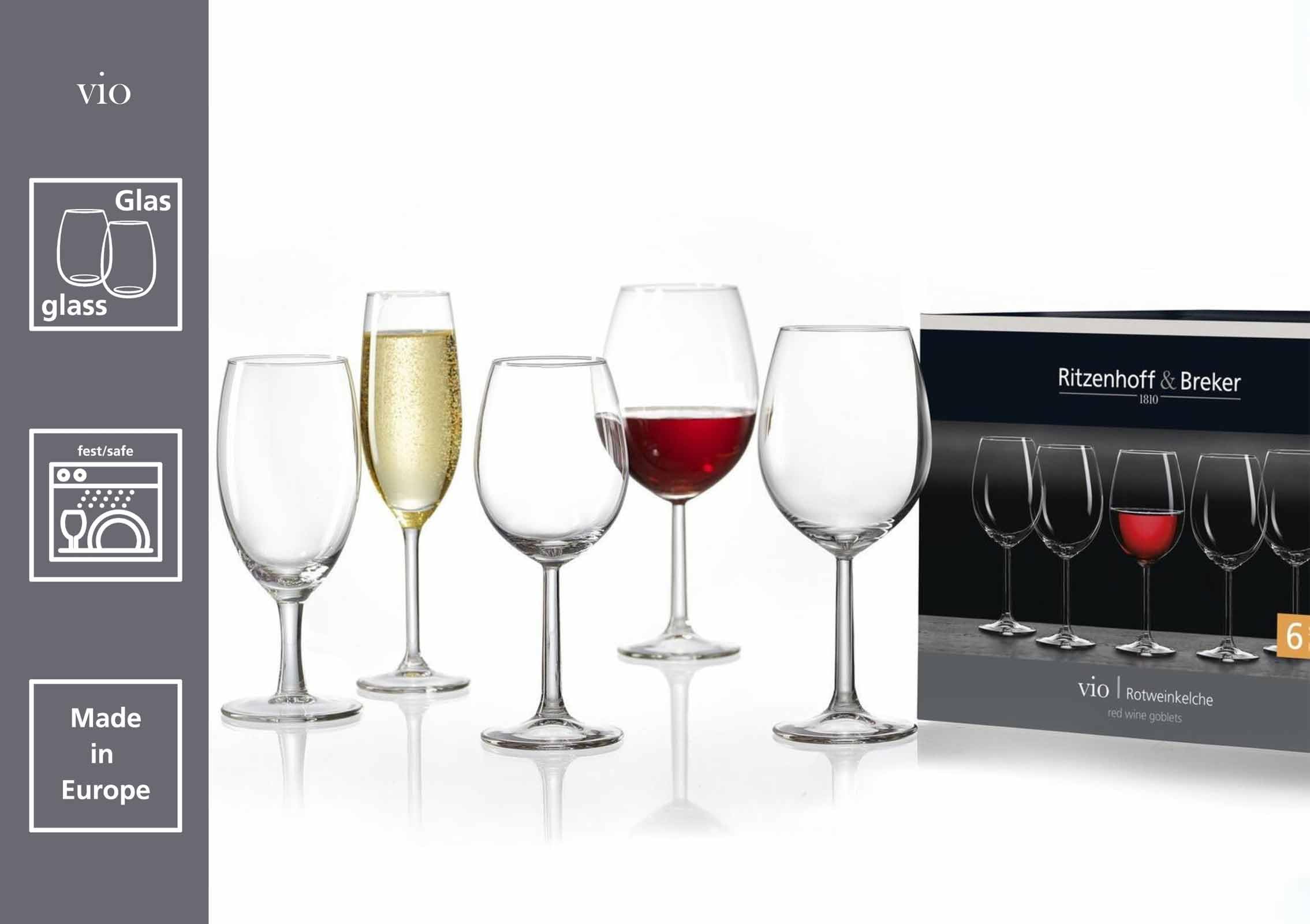 Ritzenhoff & Breker Vio Wein- & Sektgläser-Set 18-teilig, Klassisches Gläserset für 6 Personen, Stielgläser, Spülmaschinenfest, Klar